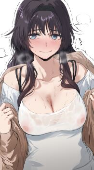 1girl absurdres black_hair black_hairband blue_eyes breasts cleavage closed_mouth clothes_lift covered_erect_nipples embarrassed hairband headband hews highres inverted_nipples jewelry kaoru_hana_wa_rin_to_saku large_breasts long_hair looking_to_the_side navel necklace shirt_lift simple_background solo sweat waguri_kaoruko wavy_hair white_background