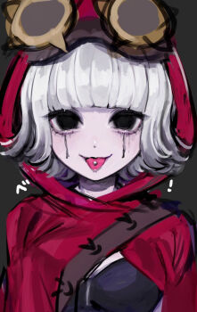 1girl :p black_eyes blunt_bangs bob_cut cloak flipped_hair goggles goggles_on_head hoge_(n8sss) hood hooded_cloak identity_v looking_at_viewer makeup medium_hair official_alternate_costume piercing portrait red_hood runny_makeup solo straight-on tongue tongue_out tongue_piercing tracy_reznik tracy_reznik_(red_riding_hood) white_hair