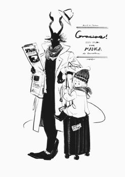 1boy 1girl beanie body_fur boots child coat dress furry furry_male greyscale hat hat_on_horn holding holding_newspaper horns looking_at_viewer monochrome nagabe newspaper pom_pom_(clothes) pom_pom_beanie rolling_suitcase scarf sensei_(totsukuni_no_shoujo) shiva_(totsukuni_no_shoujo) short_hair simple_background standing suitcase tail totsukuni_no_shoujo white_background