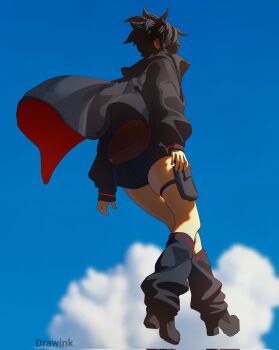 1girl artist_name black_boots black_hair black_jacket black_shorts black_socks boots boruto:_two_blue_vortex cloud commentary corrupted_twitter_file drawink from_behind from_below high_heel_boots high_heels highres jacket loose_socks midair naruto_(series) pouch short_hair short_shorts shorts sleeves_past_wrists socks solo thigh_pouch uchiha_sarada