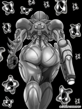 1girl 2024 arm_cannon armor ass ass_focus backboob black_background breasts canofcrows07 commentary contrapposto curvy english_commentary female_focus from_behind from_below greyscale helemt huge_ass metroid metroid_fusion monochrome nintendo power_armor power_suit reference_work samus_aran simple_background solo thick_thighs thighs variant_set variations walking weapon wide_hips x_parasite