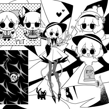 4girls animal_ears arm_cannon bird bird_wings black_bird black_cat black_eyes black_hairband black_hat black_wings bow braid buttons cat cat_ears cat_tail cocokana crow diamond_button dress extra_ears eyeball frilled_skirt frilled_sleeves frills greyscale hair_bow hair_ornament hairband hat hat_ribbon heart heart_hair_ornament heart_of_string highres kaenbyou_rin kaenbyou_rin_(cat) komeiji_koishi komeiji_satori mary_janes monochrome multiple_girls multiple_tails pantyhose reiuji_utsuho reiuji_utsuho_(bird) ribbon shirt shoes siblings sisters skirt smile tail third_eye third_eye_on_chest thumbs_up tombstone touhou twin_braids two_tails weapon white_shirt wide_sleeves wings