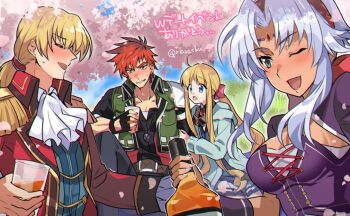 2boys 2girls :d agate_crosner ahoge alcohol artist_name ascot blonde_hair blue_eyes blue_jacket blush bottle breasts cherry_blossoms curtained_hair dark-skinned_female dark_skin drunk eiyuu_densetsu epaulettes goggles goggles_around_neck green_eyes grey_hair hairband holding holding_bottle jacket large_breasts long_hair male_focus multiple_boys multiple_girls olivert_reise_arnor one_eye_closed open_mouth red_hair red_hairband riarashu scherazard_harvey sen_no_kiseki sen_no_kiseki_(series) sen_no_kiseki_iv sitting smile spiked_hair sweat tita_russell translation_request tree twitter_username white_ascot