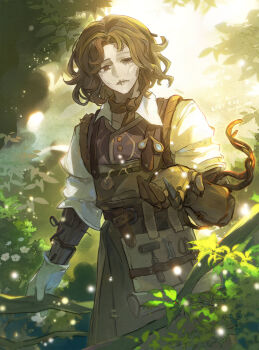 1boy absurdres apron backlighting branch brown_apron brown_eyes brown_hair brown_neckerchief brown_vest bush cracked_face expressionless gloves highres hollow_eyes identity_v light_particles looking_at_viewer male_focus matthias_czernin matthias_czernin_(lignarius) mechanical_arms medium_hair neckerchief shirt single_glove sleeves_rolled_up smyan tools vest wavy_hair white_gloves white_shirt wooden_limbs