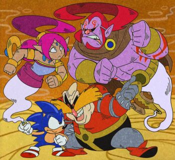 1990s_(style) 1girl 3boys :&lt; abs adventures_of_sonic_the_hedgehog age_difference animal_ears animal_nose antenna_hair artist_name artist_request back_bow bare_shoulders black_sclera blue_eyes blue_fur bow breasts brown_cape cape clenched_hands collarbone colored_sclera colored_skin dark_skin dr._eggman earrings erazor_djinn evil_smile face-to-face facial_tattoo fat fat_man floating full_body genie gloves highres jewelry medium_breasts middle_finger multiple_boys muscular necklace open_mouth pink_bow pink_hair pointy_ears purple_skin red_eyes retro_artstyle ring shahra short_hair simple_background smile sonic_(series) sonic_and_the_secret_rings sonic_the_hedgehog standing strapless sweatdrop tattoo teamwork tube_top white_gloves wide-eyed