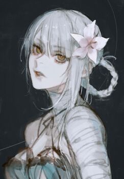 Rule 34 | 1girl, absurdres, bandaged arm, bandaged neck, bandages, black background, blue negligee, braid, braided hair rings, breasts, brown eyes, cleavage, flower, grey hair, hair between eyes, hair flower, hair ornament, hair rings, highres, kaine (nier), looking at viewer, moony (mogmogmelt), nier (series), parted lips, single bare shoulder, solo, upper body, white flower