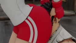 1boy 1girl 3d animated ass beard black_hair brown_hair capcom closed_eyes face_in_ass facial_hair femdom fingerless_gloves gloves grabbing_another&#039;s_head headband hetero highres huge_ass indoors kasugano_sakura kishi3d official_alternate_costume red_gloves red_headband red_shorts ryu_(street_fighter) short_hair shorts street_fighter street_fighter_v video