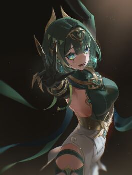 1girl ancient_egyptian_clothes armpits arms_up black_gloves bracelet breasts chest_jewel claws facial_mark fangs gem genshin_impact gloves green_eyes green_gemstone green_hair headpiece highres jewelry looking_at_viewer medium_breasts medium_hair mole mole_under_eye nefer_(genshin_impact) open_mouth reaching reaching_towards_viewer redc sideboob skirt smile solo symbol-shaped_pupils triangle-shaped_pupils usekh_collar white_skirt