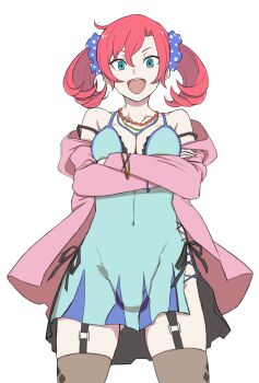 1girl ayu_(ddestiny944) bare_shoulders black_thighhighs blue_camisole blue_eyes breasts camisole cleavage collarbone cowboy_shot cross-laced_slit crossed_arms digimon digimon_story:_cyber_sleuth garter_straps gluteal_fold highres jacket jewelry medium_breasts necklace official_alternate_costume open_mouth pink_jacket red_hair shiramine_nokia simple_background smile solo spaghetti_strap straight-on thighhighs transparent_background twintails