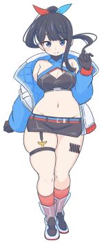 1girl belt black_gloves black_hair black_shirt black_skirt blue_eyes blue_jacket blue_ribbon blush breasts cleavage crop_top frilled_thigh_strap garter_straps gloves gridman_universe hair_ribbon high_ponytail highres jacket long_hair lowleg lowleg_skirt medium_breasts miniskirt navel off-shoulder_jacket off_shoulder open_clothes open_jacket ponytail red_ribbon red_socks ribbon shirt shoes single_garter_strap skindentation skirt sleeveless smile socks solo ssss.gridman standing takarada_rikka takarada_rikka_(solarain_toys) thick_thighs thigh_strap thighs uncool_mochi white_background wide_hips