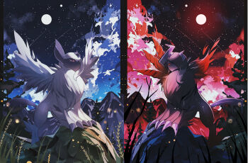 absol animal_focus asymmetrical_horns black_fur black_hair body_fur claws commentary_request fangs full_moon gen_3_pokemon grass hair_over_one_eye highres horns mega_absol_z mega_pokemon moon night nintendo no_humans one_eye_covered open_mouth pokemon pokemon_(creature) pokemon_focus red_wings reo_(mmocc123) rock sky star_(sky) uneven_horns wings