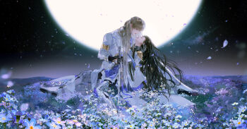 1boy 1girl absurdres armlet bell_sleeves black_gloves black_hair black_pantyhose black_shirt blonde_hair blue_eyes blue_flower blue_gemstone blue_ribbon boots closed_eyes closed_mouth coat cradling_head dress earclip earrings expressionless falling_petals feather_trim field flower flower_field forget-me-not_(flower) full_body full_moon gem gloves hair_slicked_back half_updo highres holding holding_sword holding_weapon jewelry knee_up lapels lips long_hair long_sleeves looking_at_another love_and_deepspace moon night night_sky notched_lapels on_grass outdoors pants pantyhose petals planted planted_sword planted_weapon profile protagonist_(love_and_deepspace) ribbon see-through_clothes see-through_dress shirt shoe_soles shoulder_guard single_earring sitting sky star_(sky) star_(symbol) starry_sky sword tassel tassel_earrings thigh_boots thigh_strap weapon white_coat white_dress white_footwear white_pants white_shirt wispy_bangs xavier_(love_and_deepspace) xiao_yunye