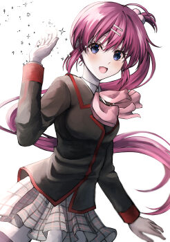 1girl :d absurdres ahoge black_jacket blue_eyes blush bow bowtie collared_shirt commentary cowboy_shot dutch_angle english_commentary eyebrows_hidden_by_hair eyelashes floating_hair grey_skirt hair_between_eyes hair_bobbles hair_ornament hairclip hand_up happy highres jacket little_busters! long_hair long_sleeves looking_at_viewer miniskirt one_side_up open_mouth parallel_hairclips pink_bow pink_bowtie plaid_clothes plaid_skirt pleated_skirt purple_hair saigusa_haruka shirt side_ponytail sidelighting sidelocks simple_background skirt smile solo sparkle user_vkcr5455 very_long_hair white_background white_shirt