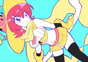 1girl black_thighhighs breasts broom broom_riding commentary_request dutch_angle earrings eyewear_on_headwear feylin gloves hat jewelry looking_to_the_side midriff navel red_hair short_hair skirt solo take_no_ko tanken_driland tanken_driland:1000-nen_no_mahou thighhighs triangle_earrings witch_hat yellow_gloves yellow_skirt zipper