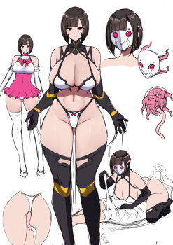 1girl alien all_the_way_through bare_shoulders bikini black_gloves black_thighhighs blunt_bangs breasts brown_hair corruption elbow_gloves gloves high-waist_skirt highres ishimiso_(ishimura) juice large_breasts magical_girl mask monster multiple_views navel original pink_ribbon pink_skirt revealing_clothes ribbon short_hair skirt swimsuit thighhighs white_background white_bikini white_gloves white_thighhighs