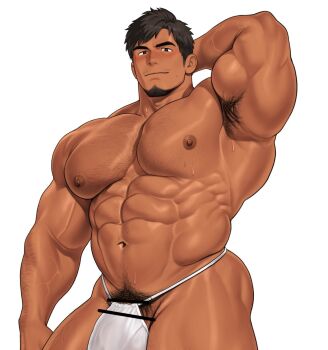 1boy abs arm_behind_head arm_hair armpit_hair bar_censor bara biceps broad_shoulders brown_eyes brown_hair bulge censored chest_hair facial_hair goatee groin hand_hair highres huge_pectorals kuromine_hiraya large_bulge leg_hair light_smile looking_at_viewer male_focus male_underwear muscular muscular_male mustache_stubble navel nipples original parted_bangs pubic_hair shiny_skin side_part simple_background solo stomach_hair stubble sweat thick_arms thick_eyebrows thick_thighs thighs thong underwear veins veiny_arms white_background white_male_underwear