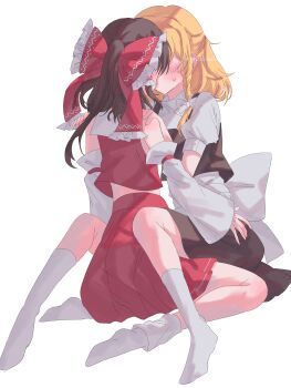 2girls absurdres amatukimahoro between_legs black_skirt blonde_hair blush bow braid brown_hair detached_sleeves from_behind hair_bow hakurei_reimu hand_on_another&#039;s_shoulder hand_on_another&#039;s_waist highres kirisame_marisa kiss kneehighs long_hair multiple_girls pleated_skirt red_bow red_shirt red_skirt shirt short_sleeves side_braid simple_background sitting sitting_on_lap sitting_on_person skirt sleeveless sleeveless_shirt socks sweatdrop touhou white_background white_shirt white_socks yuri