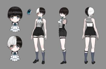 1boy 2022 absurdres arms_at_sides ascot back bare_shoulders black_hair black_shirt black_shoes black_shorts blue_eyes blue_socks blunt_bangs chest_jewel child collarbone commentary concept_art dress_shoes english_commentary expressionless from_behind full_body grey_background highres jacket kkaebing kuro&#039;s_brothers_(under_the_witch) looking_at_viewer male_focus multicolored_hair multiple_views no_nose numericgazer official_art pale_skin shirt shoes short_hair shorts simple_background socks standing straight-on straight_hair striped_clothes striped_shirt turnaround two-tone_hair under_the_witch unworn_jacket white_ascot white_hair white_shirt