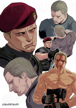 1boy abs beret black_shirt blonde_hair blood blood_on_face blue_eyes closed_mouth commentary_request gun hair_slicked_back hat highres holding holding_gun holding_weapon injury jack_krauser katou_teppei knife male_focus multiple_views muscular muscular_male nipples pectorals profile red_hat resident_evil resident_evil_4 scar scar_on_chest scar_on_face shirt short_sleeves skin_tight submachine_gun topless_male veins veiny_arms watermark weapon white_background