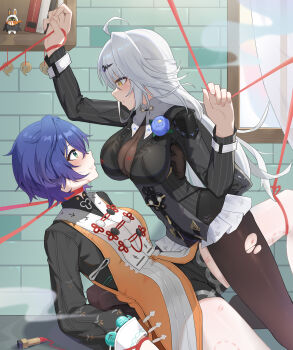 2girls absurdres ahoge belle_(delicate_sunlight)_(zenless_zone_zero) belle_(zenless_zone_zero) black_pantyhose black_shirt black_unitard blue_flower blue_hair blue_rose bodystocking breasts chinese_clothes dress dress_over_shirt flower flower_on_chest hair_ornament highres large_breasts letter_hair_ornament long_hair long_sleeves looking_at_another multiple_girls official_alternate_costume orange_dress pantyhose rose shirt short_hair string torn_clothes torn_pantyhose w-baiye white_hair white_pantyhose yellow_eyes yixuan_(zenless_zone_zero) yixuan_(trails_of_ink)_(zenless_zone_zero) yuri zenless_zone_zero