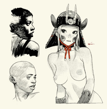 1girl 2boys armor breasts collarbone etama_quomo freckles graphite_(medium) greyscale helmet japanese_armor kabuto_(helmet) lips medium_breasts monochrome multiple_boys navel nipples original parted_lips short_hair signature traditional_media