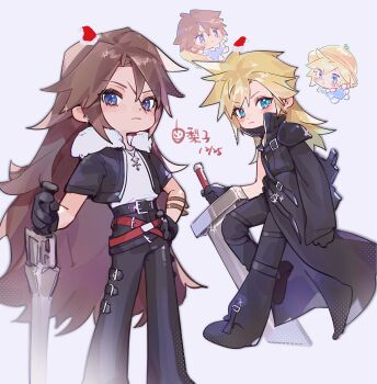 Rule 34 | 2boys, aged down, alternate costume, alternate hair length, alternate hairstyle, arm belt, armor, asymmetrical sleeves, belt, black belt, black gloves, black pants, black vest, blonde hair, blue background, blue eyes, blue shirt, brown hair, chibi, chibi inset, cloud strife, cropped jacket, deformed, final fantasy, final fantasy vii, final fantasy viii, full body, fur-trimmed jacket, fur trim, fusion swords, gloves, gunblade, hand on own hip, hat, highres, holding, holding weapon, jacket, jewelry, kindergarten uniform, kingdom hearts, kingdom hearts ii, leg up, lily (shio1006), long hair, male focus, mini hat, mini santa hat, multiple belts, multiple boys, necklace, pants, pauldrons, pendant, planted, planted sword, planted weapon, red belt, santa hat, scabbard, scar, scar on face, school hat, serious, sheath, shirt, shoulder armor, sidelocks, single pauldron, squall leonhart, sword, translation request, unworn hat, unworn headwear, very long hair, vest, waist cape, weapon, white fur, white shirt