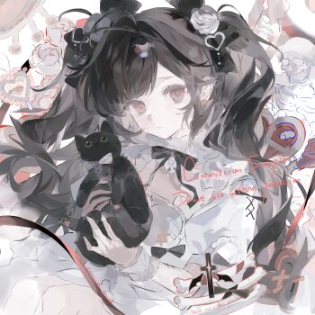 1girl absurdres animal antenna_hair black_cat bone bow brown_bow brown_hair cat choker closed_mouth commission cross dress earrings eyelashes flower frilled_choker frills hair_bow hair_flower hair_ornament heart heart_hair_ornament highres holding holding_animal holding_cat jewelry liangzhi_mian_gou long_hair looking_at_viewer mihuashi_commission mole mole_under_eye original pale_skin puffy_short_sleeves puffy_sleeves red_eyes red_ribbon ribbon rose sample_watermark scar self-harm_scar short_sleeves skeleton solo square swept_bangs twintails watermark white_choker white_dress white_flower white_rose white_wrist_cuffs wrist_cuffs