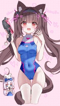2girls absurdres animal animal_on_head blue_leotard blue_skirt blush breasts brown_hair cameltoe cat chocola_(nekopara) commentary_request cosplay covered_navel cropped_legs d.va_(overwatch) d.va_(overwatch)_(cosplay) facial_mark grey_hair gun hair_between_eyes highres holding holding_gun holding_weapon leotard medium_breasts multiple_girls nekopara on_head open_mouth overwatch pink_background polka_dot polka_dot_background red_eyes romaji_text shirt skirt solo_focus sweat tandohark thighhighs translation_request vanilla_(nekopara) weapon white_cat white_shirt white_thighhighs