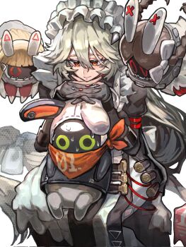 1girl alexandrina_sebastiane anastella_(zenless_zone_zero) bangboo_(zenless_zone_zero) black_gloves cowboy_shot drusilla_(zenless_zone_zero) eous_(zenless_zone_zero) gloves grey_hair hair_between_eyes hands_on_another&#039;s_head highres long_hair looking_at_another maid maid_headdress partially_fingerless_gloves red_eyes reomenka sidelocks sitting sitting_on_lap sitting_on_person smile sweatdrop teeth white_background zenless_zone_zero