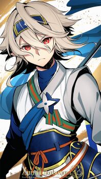 1boy blue_headband blue_sash fire_emblem fire_emblem_fates fire_emblem_heroes grey_hair headband highres holding holding_shuriken holding_weapon japanese_clothes looking_at_viewer male_corrin_(fire_emblem) male_corrin_(ninja)_(fire_emblem) male_focus nakabayashi_zun ninja nintendo official_alternate_costume red_eyes sash shuriken solo upper_body weapon