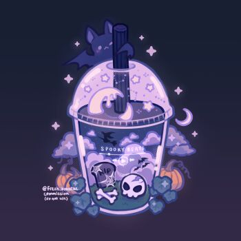 1girl animal artist_name bat_(animal) bone broom broom_riding bubble_tea cartoon_bone cloud commentary commission constellation crescent_moon cumulonimbus_cloud cup disposable_cup drinking_straw dripping emily_kim english_commentary glowing halftone halloween hat highres horizon leaf lid media_player_interface moon night one_eye_closed original outdoors pumpkin purple_clouds purple_eyes purple_fur purple_sky purple_theme silhouette silk skull sky sparkle spider_web star_(symbol) tombstone wide_shot witch witch_hat