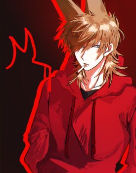 Rule 34 | 1boy, animification, bandage on cheek, border, brown hair, cigarette, commentary, drawstring, eddsworld, fang, flipped hair, goma (gomaaa 86), hair ears, highres, hood, hood down, hoodie, long sleeves, looking at viewer, male focus, medium hair, mouth hold, open mouth, parted lips, red army logo (eddsworld), red background, red border, red hoodie, red theme, simple background, slit pupils, solo, untranslatable commentary, tord (eddsworld), upper body, white eyes