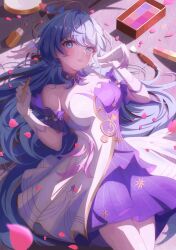 Rule 34 | 1girl, absurdres, bare shoulders, blue eyes, blue hair, choker, color banding, cosmetics, cowboy shot, detached sleeves, dress, euzh266, hands up, highres, holding, holding lipstick tube, honkai: star rail, honkai (series), jpeg artifacts, lipstick tube, long hair, looking at viewer, lying, on back, parted lips, purple choker, robin (honkai: star rail), short sleeves, solo, strapless, strapless dress, very long hair, white dress