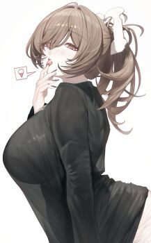 1girl absurdres black_nails black_shirt blush bready_(nikke) breasts brown_eyes brown_hair goddess_of_victory:_nikke heart heart-shaped_pupils highres houh888 large_breasts long_hair looking_at_viewer nail_polish open_mouth ponytail see-through_clothes shirt simple_background solo speech_bubble symbol-shaped_pupils