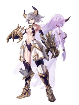 Rule 34 | 2girls, absurdres, armlet, armor, armored boots, boots, bracelet, breasts, choker, claws, closed eyes, collarbone, colored skin, elbow gloves, expressionless, faulds, full body, gauntlets, gloves, grey hair, highres, horns, jewelry, large breasts, long hair, multiple girls, navel, original, purple eyes, purple hair, purple skin, revealing clothes, short hair, single horn, small breasts, spirit, standing, thighhighs, white background, zhu fun