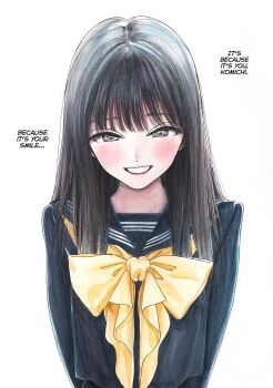 1girl akebi-chan_no_serafuku akebi_komichi arms_behind_back black_eyes black_hair black_serafuku blunt_bangs blush bow breasts colorized dot_nose english_text female_focus highres hiro_(dismaless) long_hair long_sleeves looking_at_viewer manga_illustration manga_page official_art open_mouth roubai_academy_school_uniform_(old) school_uniform serafuku simple_background small_breasts smile solo solo_focus tongue tongue_out translated white_background yellow_bow