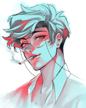 1boy alastor_(hazbin_hotel) alastor_(human)_(hazbin_hotel) cigarette collared_shirt glasses hazbin_hotel hellaverse highres male_focus mui_mmmm multicolored_hair portrait red_eyes red_hair shirt simple_background smile smoke smoking teeth two-tone_hair white_background