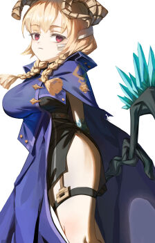 absurdres ai_limit blue_cloak braid cloak curled_horns highres holding holding_staff horns hou_lai low_twin_braids millaire pout staff twin_braids yellow_horns