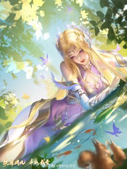 1girl absurdres bare_shoulders beads blue_eyes blue_sky bug butterfly closed_mouth dao_mei_shushu detached_sleeves douluo_dalu hair_ornament highres insect koi long_hair looking_down lying monkey qian_renxue_(douluo_dalu) sky smile upper_body water