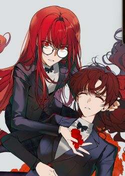 2girls black_bow black_skirt bow brown_hair closed_eyes glasses hair_ribbon hand_on_another&#039;s_head highres holding holding_petal long_hair looking_at_viewer lying multiple_girls opaque_glasses persona persona_5 persona_5_the_royal petals plaid_clothes plaid_skirt red_eyes red_hair red_petals red_ribbon ribbon school_uniform shirt shuujin_academy_school_uniform simple_background sitting skirt white_shirt yoshizawa_kasumi yoshizawa_sumire yoteh