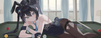 1girl absurdres animal_ear_hairband animal_ears bare_arms bare_shoulders black_gloves black_hair black_hairband black_leotard black_pantyhose blue_archive blue_necktie blush braid braided_bun breasts butterfly_hair_ornament cleavage closed_mouth covered_navel crossed_arms double_bun dragon_print fake_animal_ears fake_tail gloves grey_eyes hair_between_eyes hair_bun hair_ornament hairband highres kisaki_(blue_archive) leotard loli long_hair looking_at_viewer lumoon lying necktie on_side pantyhose playboy_bunny pool_table rabbit_ear_hairband rabbit_ears rabbit_tail small_breasts solo strapless strapless_leotard table tail thigh_strap thighband_pantyhose torn_clothes torn_pantyhose twintails very_long_hair wrist_cuffs