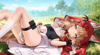 1girl :3 animal_ear_fluff animal_ears arknights arknights:_endfield black_gloves blonde_hair blue_sky blush braid breasts cape closed_mouth cloud dakimakura_(medium) day dress fingerless_gloves flower gloves grass hair_between_eyes hand_on_own_stomach hood hood_up jewelry jg&amp;solin kneehighs knees_up legs looking_at_viewer lying merchandise_available necklace on_back on_ground outdoors pouch red_cape red_hood rossi_(arknights) single_kneehigh single_sock sky small_breasts socks solo tail thigh_pouch thigh_strap thighs tooth_necklace tree turning_head two-sided_hood white_dress wolf_ears wolf_girl wolf_tail yellow_eyes