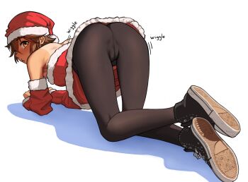1girl absurdres all_fours ass black_pantyhose brown_hair cameltoe commentary detached_sleeves dress english_commentary full_body fur-trimmed_dress fur-trimmed_headwear fur_trim hat highres kyoko_(madaotheory) looking_at_viewer madaotheory original pantyhose red_dress red_hat santa_costume santa_dress santa_hat short_hair simple_background solo