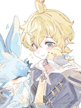 1boy 1other ahoge animal_ears beak belt bird bird_wings black_belt black_gloves blonde_hair blue_eyes blue_fur blue_jacket blush closed_eyes commentary_request creature csye003 feathered_wings flying_sweatdrops genshin_impact gloves hair_between_eyes highres hood hoodie jacket juliet_sleeves long_sleeves low_ponytail mika_(genshin_impact) necktie open_clothes open_jacket open_mouth ponytail puffy_sleeves short_hair short_ponytail simple_background smile tail two-tone_fur upper_body white_background white_fur white_hoodie wings yellow_necktie