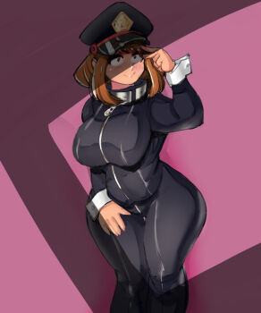 Rule 34 | 1girl, black bodysuit, black hat, bob cut, bodysuit, boku no hero academia, breasts, brown hair, cosplay, female focus, hat, hero outfit (mha), keigi, large breasts, peaked cap, plump, shiketsu high school cap, short hair, sidelocks, solo, superhero costume, superheroine costume, thick thighs, thighs, uraraka ochako, utsushimi kemii, utsushimi kemii (cosplay), wide hips, wrist cuffs, zipper