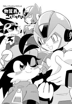 absurdres animal_ears backwards_hat bandai_namco cabbit capcom crossover fluffy furry furry_male greyscale guntz hat highres jacket kaze_no_klonoa klonoa kokesi926 long_legs mechanical_arms mega_man_(series) mega_man_x_(series) monochrome pac-man ponytail robot self-upload single_mechanical_arm string x_(mega_man) zero_(mega_man) zipper
