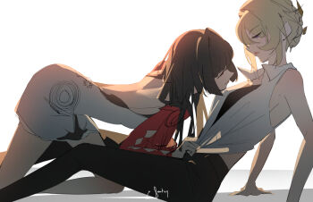 2girls astra_yao bare_arms between_legs black_hair black_pants blonde_hair closed_mouth collared_shirt commentary dress evelyn_chevalier hair_bun hashtag-only_commentary long_hair multiple_girls pants parted_lips purple_eyes red_eyes shirt simple_background smile umoten white_background white_dress white_shirt yuri zenless_zone_zero