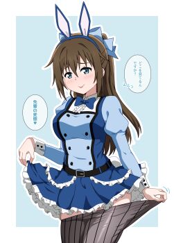 Rule 34 | 1girl, :p, absurdres, belt, black belt, blue background, blue bow, blue dress, blue eyes, blush, border, bow, brown hair, closed mouth, clothes pull, commentary request, cowboy shot, dress, frilled dress, frills, grey pantyhose, hair bow, half updo, heart, highres, hoenn (jgm1102), juliet sleeves, long sleeves, looking at viewer, love live!, love live! nijigasaki high school idol club, osaka shizuku, outside border, pantyhose, pantyhose pull, pinstripe pantyhose, ponytail, puffy sleeves, pulling own clothes, raised inner eyebrows, short dress, simple background, smile, solo, speech bubble, spoken heart, tongue, tongue out, translation request, undressing, white border
