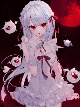 1girl absurdres artist_name bat_wings blunt_ends breasts center_frills cleavage commentary_request demon_tail dress dress_ribbon familiar fangs fingernails flying frilled_dress frilled_headwear frills full_moon hand_up highres holding long_fingernails looking_at_viewer moon moonlight morino_wako nail_polish night one-eyed open_mouth original pink_nails pointy_ears red_background red_eyes red_moon red_ribbon red_sky ribbon sidelocks sky small_breasts solo standing striped_clothes tail thighs vertical-striped_clothes wavy_eyes white_dress white_hair wings