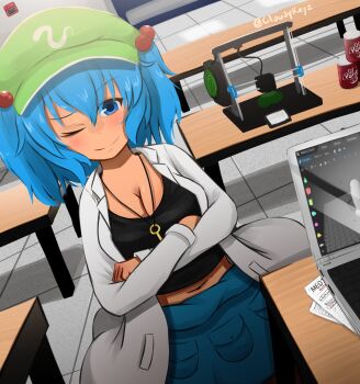 1girl 3d_printer ;) adapted_costume black_tank_top blue_eyes blue_hair blue_skirt breasts newsboy_cap can cleavage closed_mouth cloudykeyz commentary computer crossed_arms device dildo drink_can english_commentary fire_alarm hat highres kawashiro_nitori lab_coat laptop large_breasts looking_at_viewer machinery midriff navel one_eye_closed paper pocket sex_toy short_hair skirt smile soda_can solo table tank_top touhou twitter_username